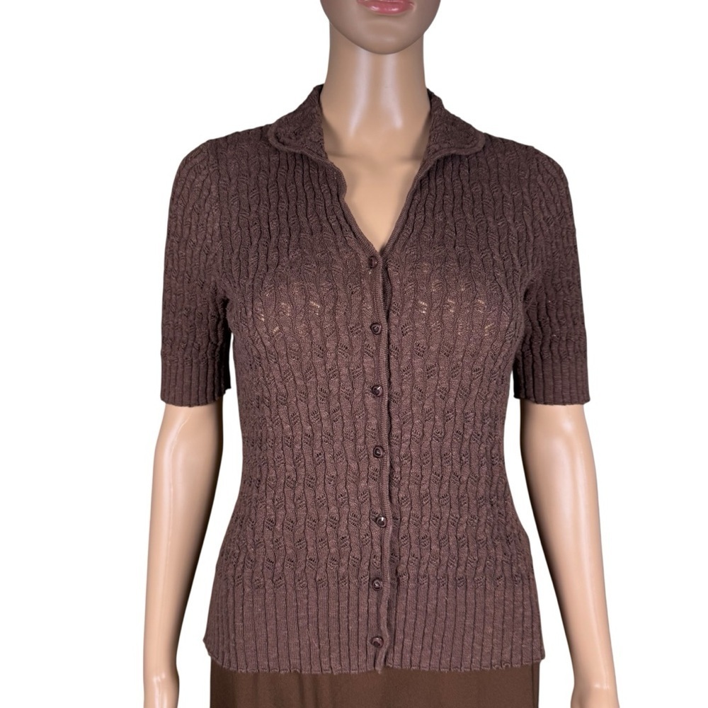 Sigrid Olsen Knit Cotton Short Sleeve Collared Brown Cardigan Size S